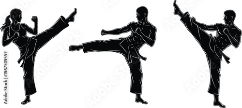 Black silhouette martial arts illustration, high kick pose icon, karate taekwondo design, combat training symbol, minimalist concept art, fitness lifestyle theme