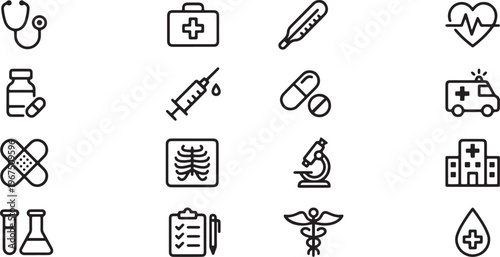 Minimalist medical icon set with healthcare symbols in thin line style isolated on white professional flat vector.