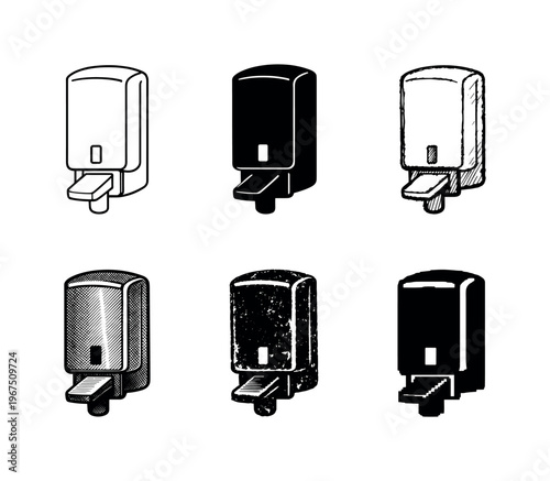 Wall mounted soap dispenser with push lever and refillable container, designed for hygienic hand washing in public spaces |