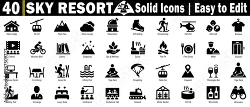 Sky resort solid icons set. Collection of winter sports mountain activities, luxury hotel amenities, recreational services, travel planning, and professional design elements vector illustration.