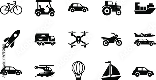 Black silhouette transportation icons illustration, bicycle, car, truck, motorcycle, airplane, rocket, ship, drone, helicopter, hot air balloon design