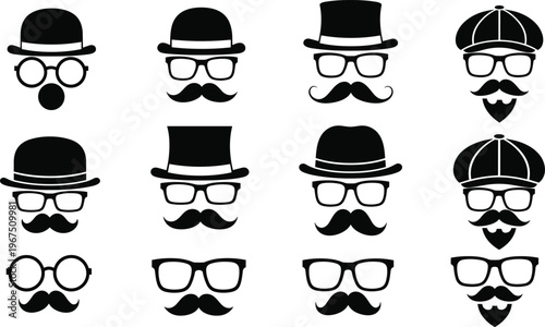 Black silhouette vintage faces illustration, hats, glasses, mustaches, beards, hipster character icons, minimalist design concept, retro fashion accessory art