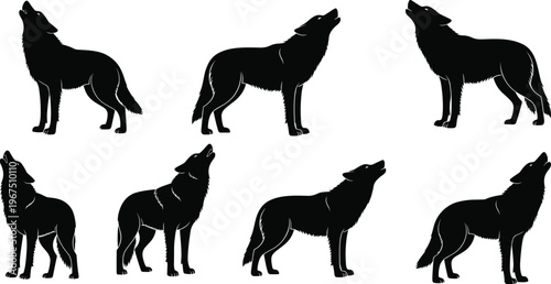 Black silhouette wolf howling illustration, wild animal icon, wilderness nature design, forest wildlife symbol, minimalist concept art, outdoor adventure theme