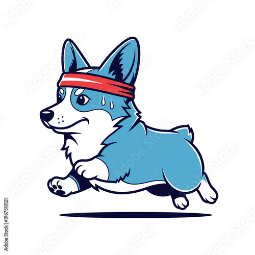 Cute corgi dog running energetically with a headband in a cartoon style