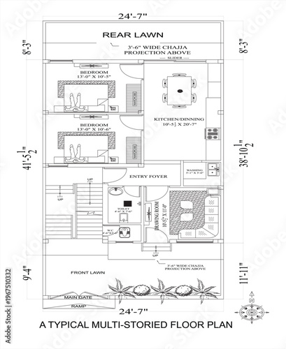 Black and white modern unfurnished house floor plan, clean vector architectural blueprint, EPS 10, suitable for suburban multistoried residential design