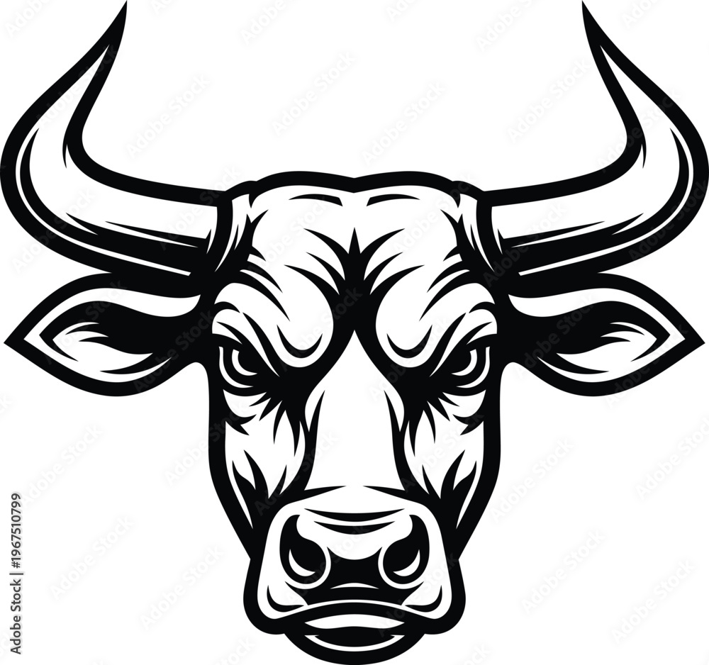 Fototapeta premium Black and white illustration of a bulls head with large horns