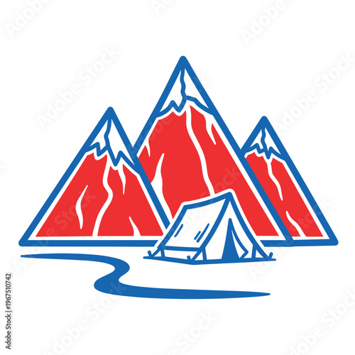 Mountain landscape with a camping tent and river in a vibrant illustration style