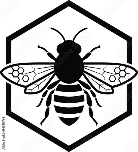 Black and white bee icon with honeycomb pattern on wings in hexagon frame