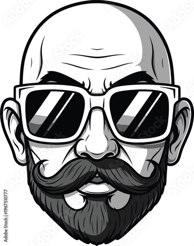 Bald man with beard mustache and sunglasses isolated on transparent background