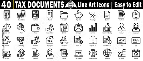 Tax documents line art icons set. A collection of financial accounting, business bookkeeping, government compliance, investment reporting, and professional money management set, vector illustration.