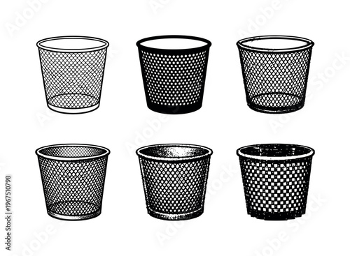 Metal wastebasket with open top and perforated sides, used for disposing paper and light trash in offices | Create ONE image
