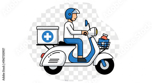 A delivery person riding a scooter with a medical box attached