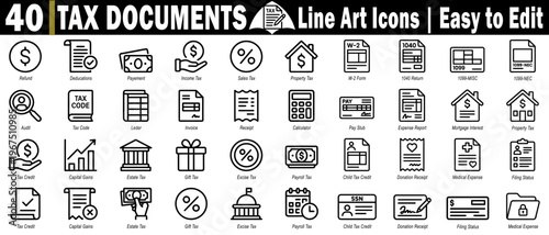Financial tax documents line art icons for corporate accounting, personal finance planning, business revenue tracking, and professional bookkeeping collection vector illustration.