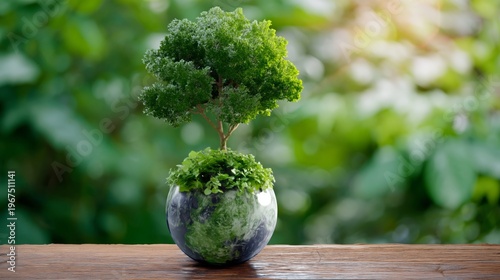 Small Tree in a Round Pot on a Wooden Table With Green Plants in the Background