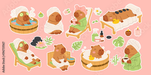 Cute capybaras relax in a spa setting. One bubbles in a hot tub with green leaves. Another sits on a lounge chair holding a flower. Bear wears a towel and drinks tea. Soft pink background feels calm