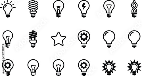 Collection of black light bulb icons featuring various styles including led incandescent energy saving and gear symbols for innovation and ideas