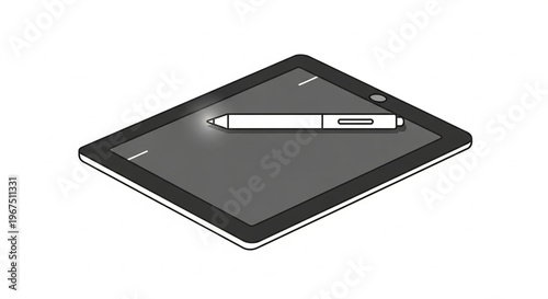 A stylus pen lying on a tablet screen with a minimalist design