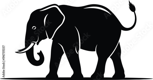 Black silhouette of an elephant standing on white background
