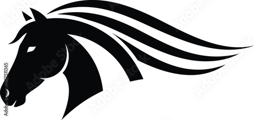 Black silhouette of horse head with flowing mane on transparent background