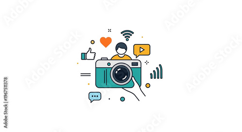 A colorful vector graphic of a person taking a photo with social media icons