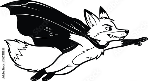 Cartoon wolf wearing a cape flying through the air