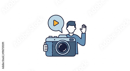 A minimalist vector graphic of a man holding a camera and waving