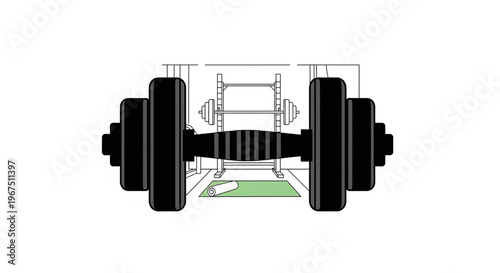 A minimalist vector illustration of a dumbbell in a gym setting with equipment