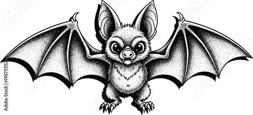 Cute cartoon bat with big eyes and outstretched wings flying solo
