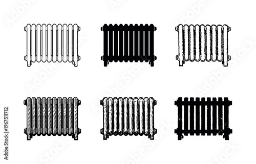 Radiator Design Variants. Traditional cast iron radiator with ribbed sections and small feet, representing classic home heating