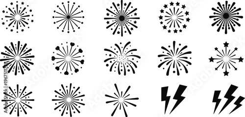 Collection of Black Fireworks and Lightning Bolt Icons