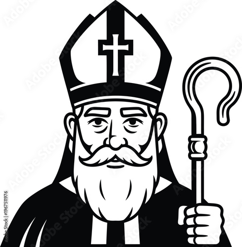 Illustration of a bishop with a cross on his mitre and a shepherds staff
