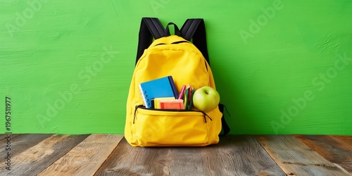 School Backpack With Colorful Supplies on Wooden Table in Classroom Setting