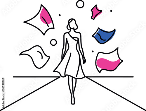 Elegant line art illustration depicting a stylish woman confidently walking down a fashion runway surrounded by dynamic abstract design elements representing creativity and modern trends.