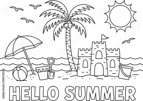 Hello Summer Beach Scene Coloring Page sand ocean