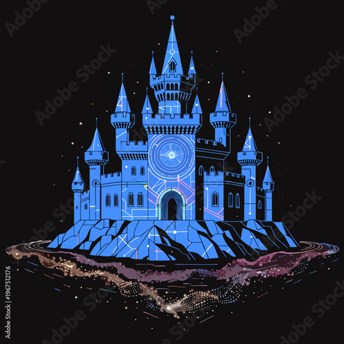 Fantasy castle illustration with celestial constellations and glowing nebula base on a dark cosmic background