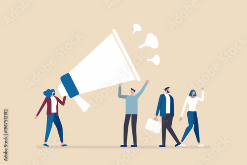 People celebrating a message with a large megaphone announcement