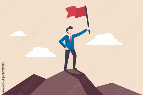 A businessman triumphantly waves a red flag atop a mountain peak