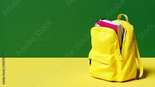 Bright Yellow Backpack With Books on a Yellow Surface and Green Background