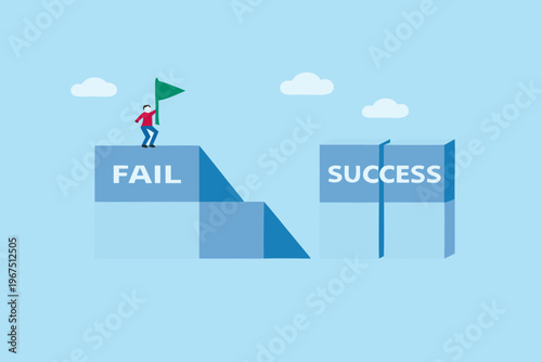 A person celebrates reaching a peak labeled fail over success