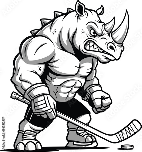 Muscular rhino wearing hockey gear holding stick and puck aggressively  cartoon character