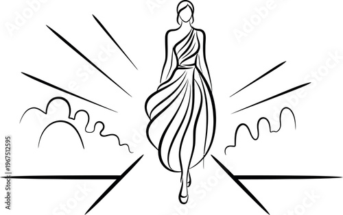 Elegant fashion model gracefully walks down the runway wearing a flowing one-shoulder gown, showcasing haute couture in a stylish, abstract black and white illustration perfect for design concepts.