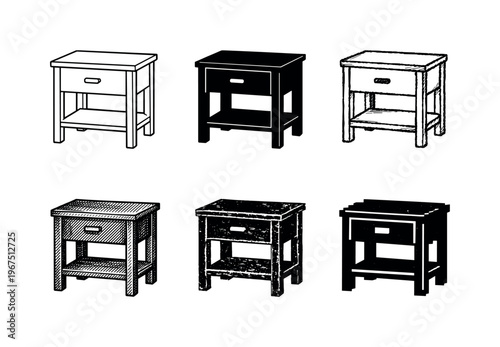 Bedroom nightstand table with single drawer and small handle, used to hold lamp, books, and personal items beside bed | Create