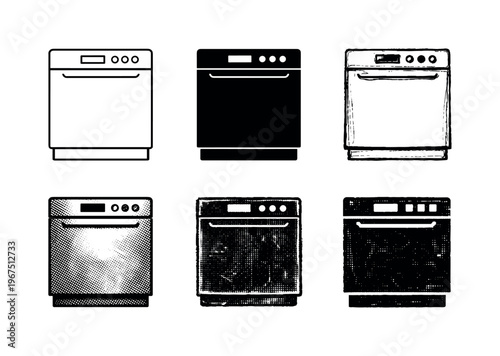 Kitchen dishwasher with front door panel and control buttons, used to automatically clean dishes and utensils