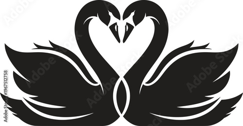 Two swans forming heart shape with necks and wings spread wide