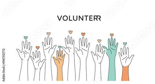 Volunteer hands raised with hearts.