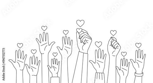 Hands reaching up with floating hearts.