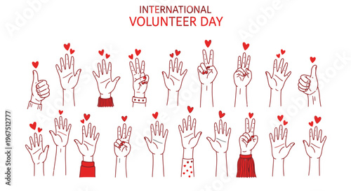 International Volunteer Day illustration with hands and hearts.