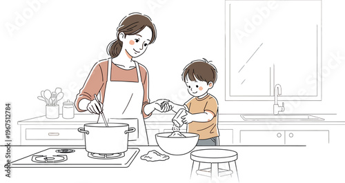 Young mother and her cheerful son happily engaged in a delightful cooking activity together in a bright kitchen, sharing a sweet moment of learning and bonding.