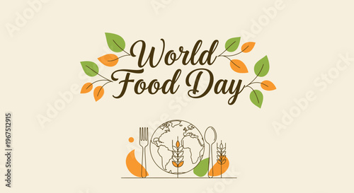 World Food Day greeting with autumn leaves, pumpkins, fork, spoon, and stylized earth, in bright studio.