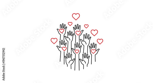 Hands with hearts rising up together.